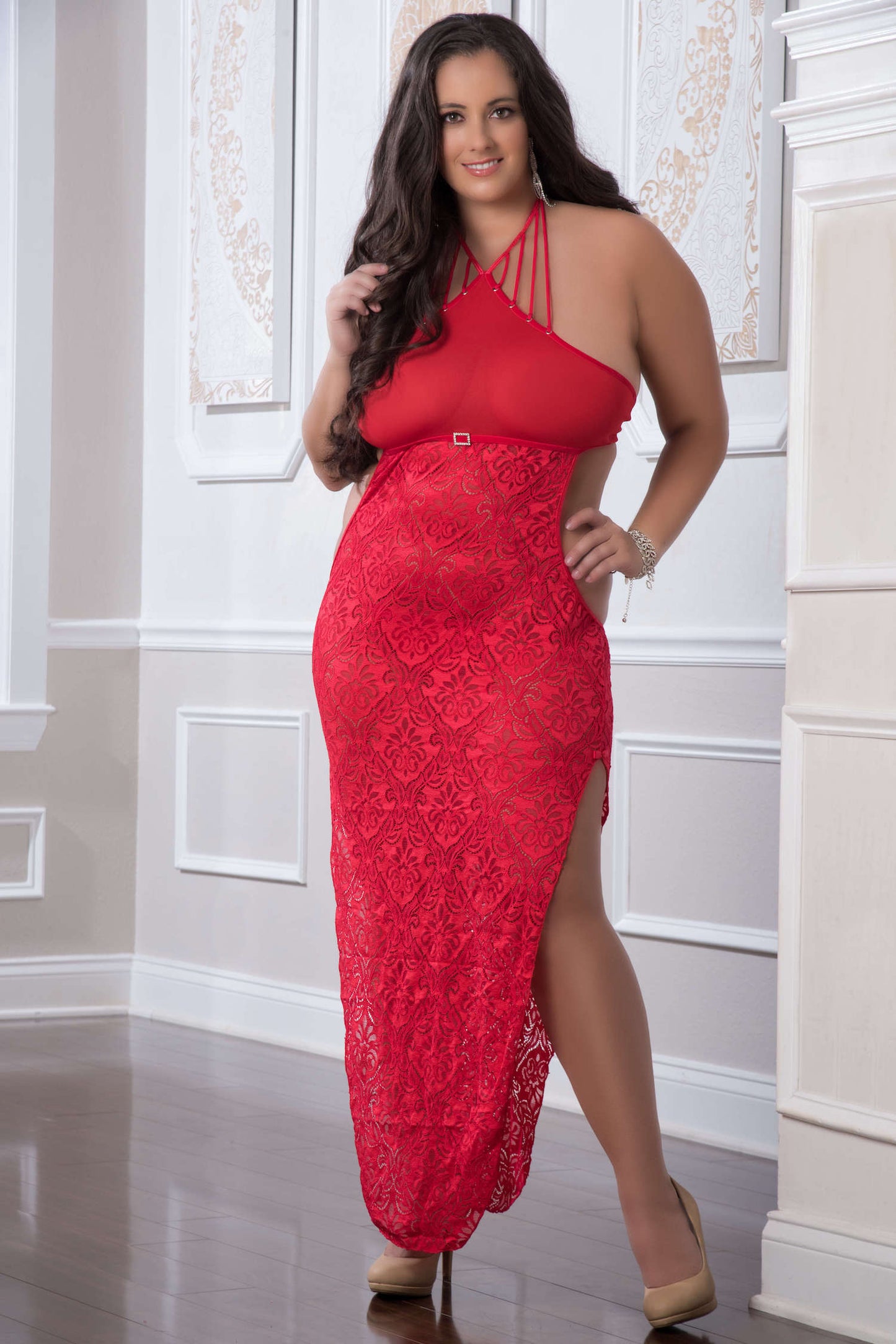 2 Pc. Shoulder-Baring Laced Night Dress - Red Cherry - Queen Size GWD-D1904PQRC