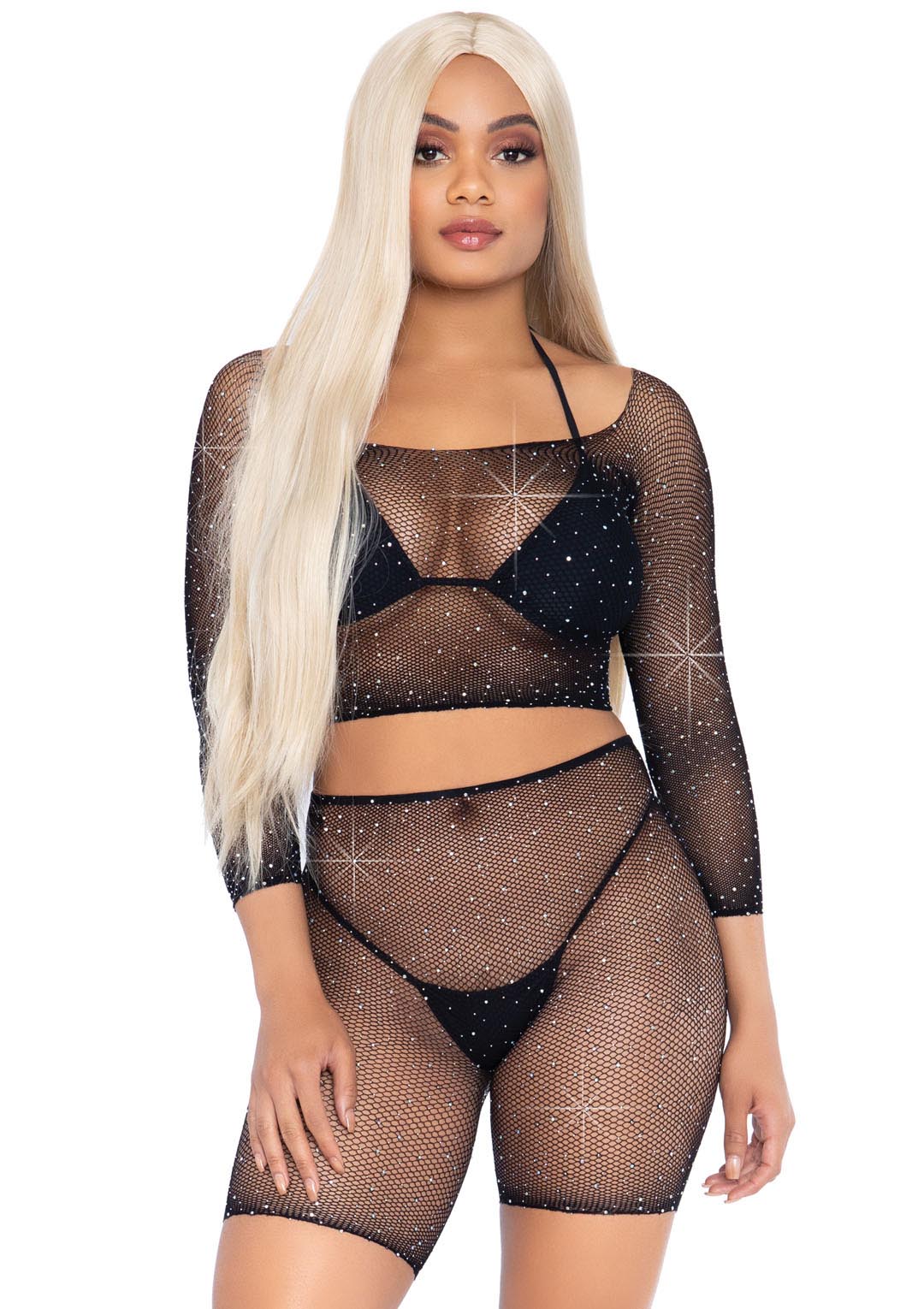 2 Pc Rhinestone Fishnet Crop Top and Biker Shorts - Black - One Size LA-81608BLK