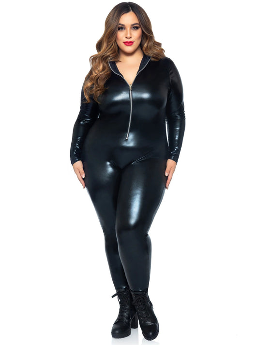 Lame Zipper Front Catsuit - 3x/4x - Black LA-85047XBL3X4